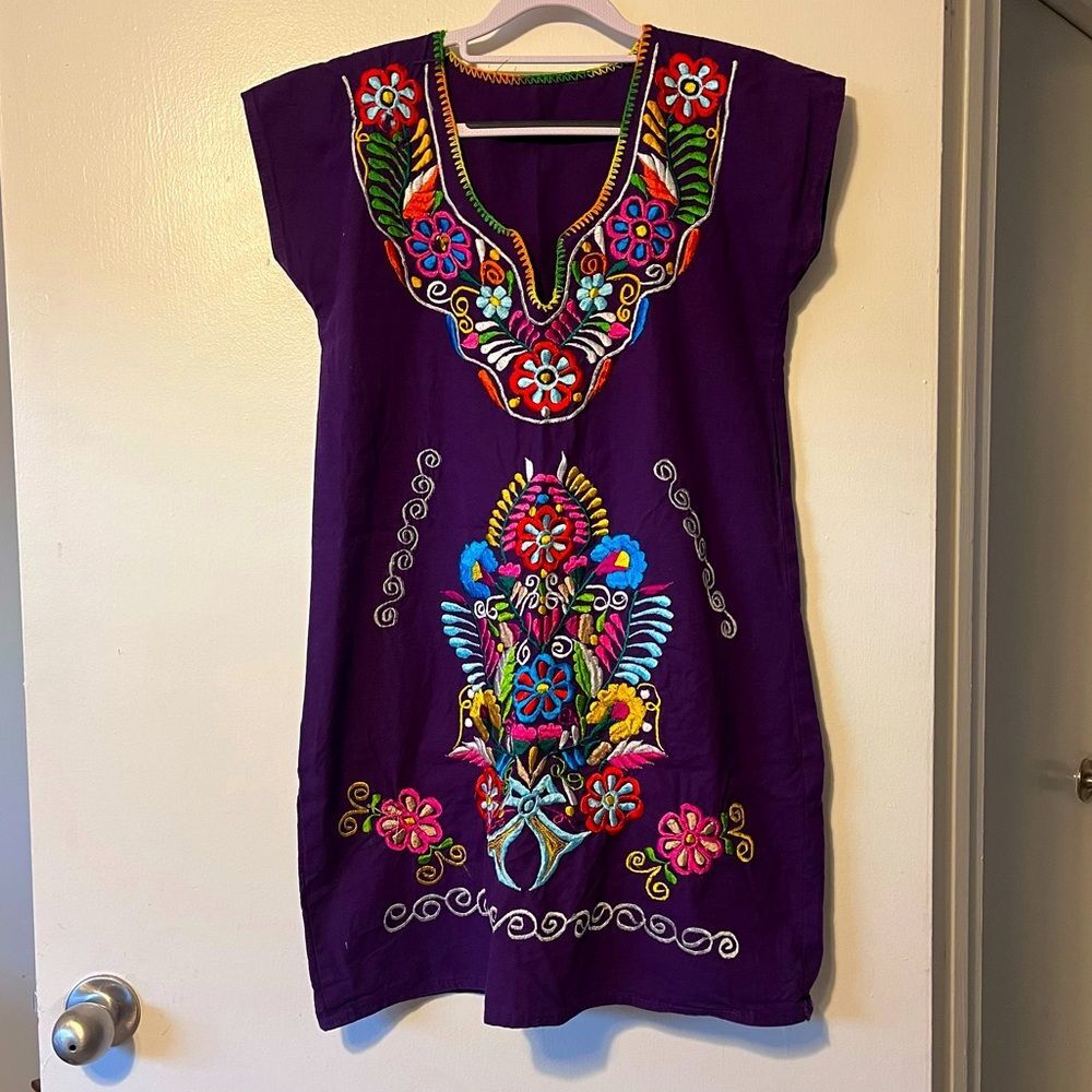 Authentic Mexican Embroidered Dress Purple fits like a medium